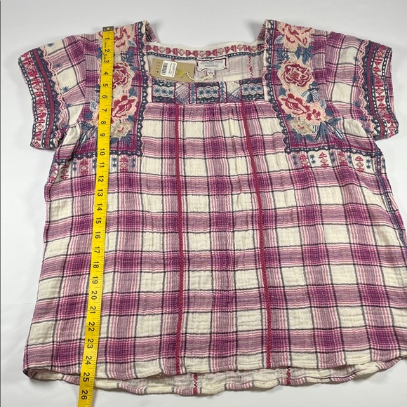 Johnny Was Womens Pink Plaid Peasant Floral Blouse Sz L - Picture 4 of 8